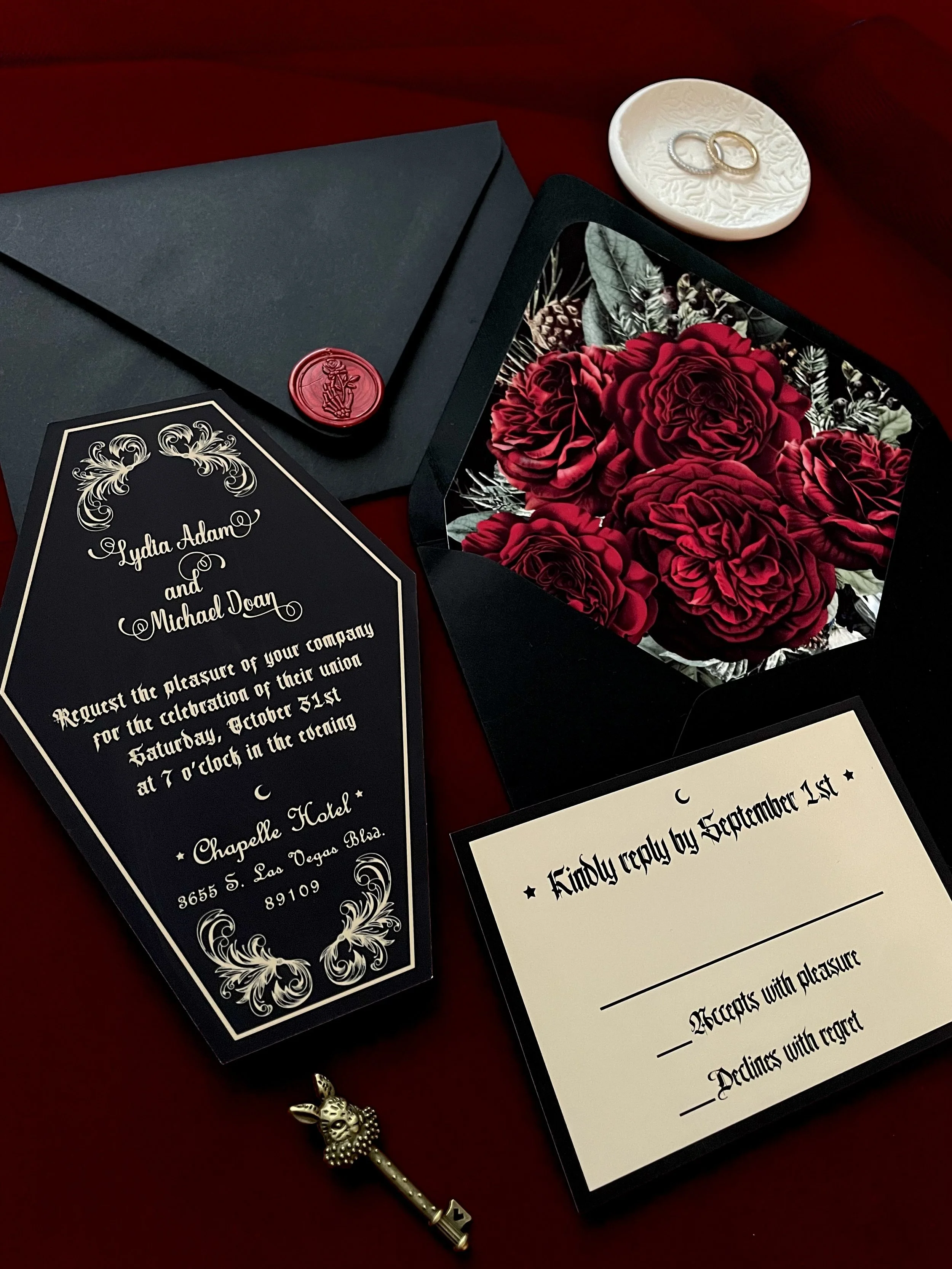 Coffin Shaped Wedding Invitation with Red Roses | Gothic Dark Romantic Floral Invite Suite | Unique Printed Wedding Invitations