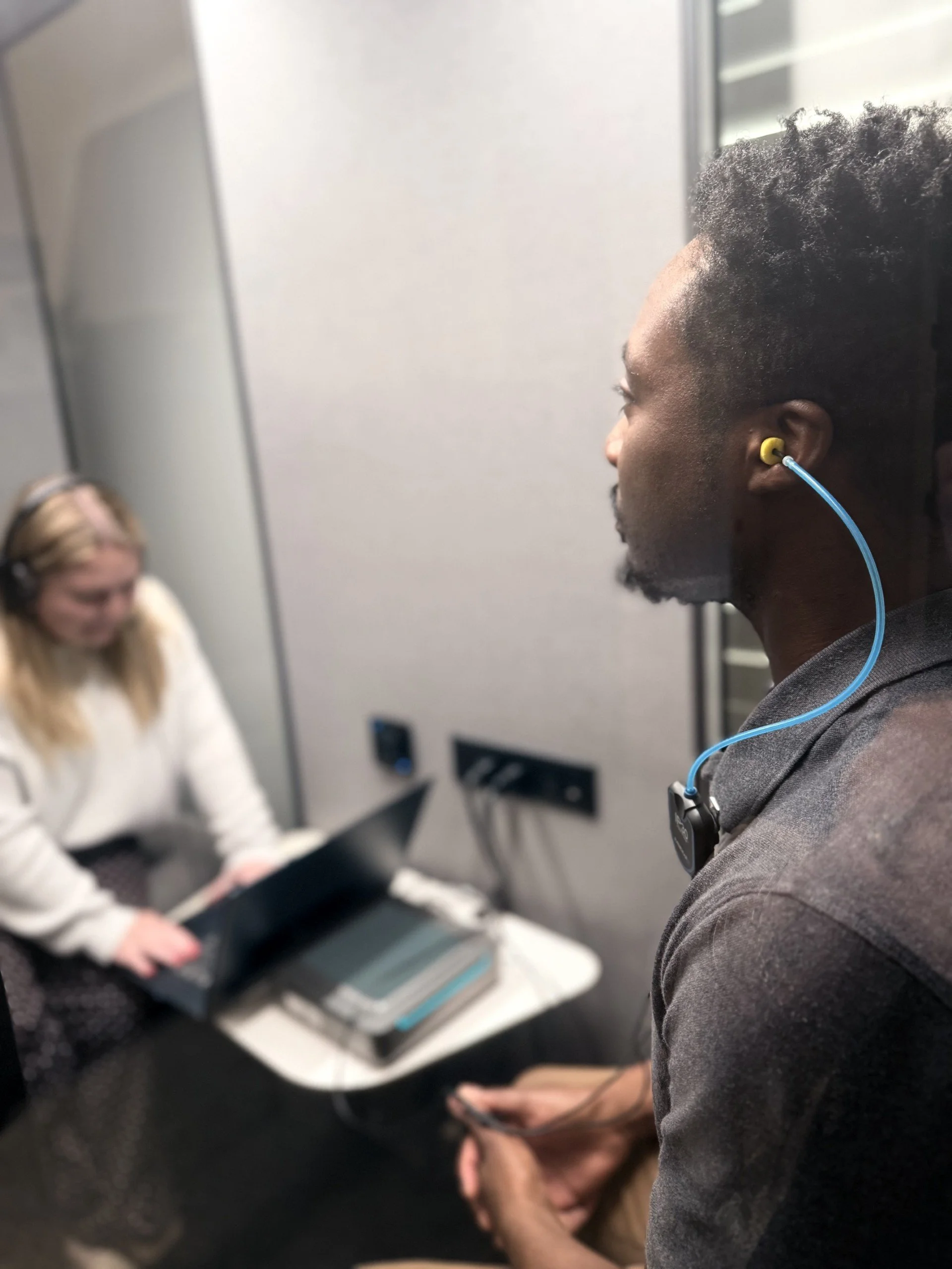 Patient undergoing a hearing evaluation, representing comprehensive hearing consultations at Thrive Hearing and Tinnitus Solutions in Memphis.