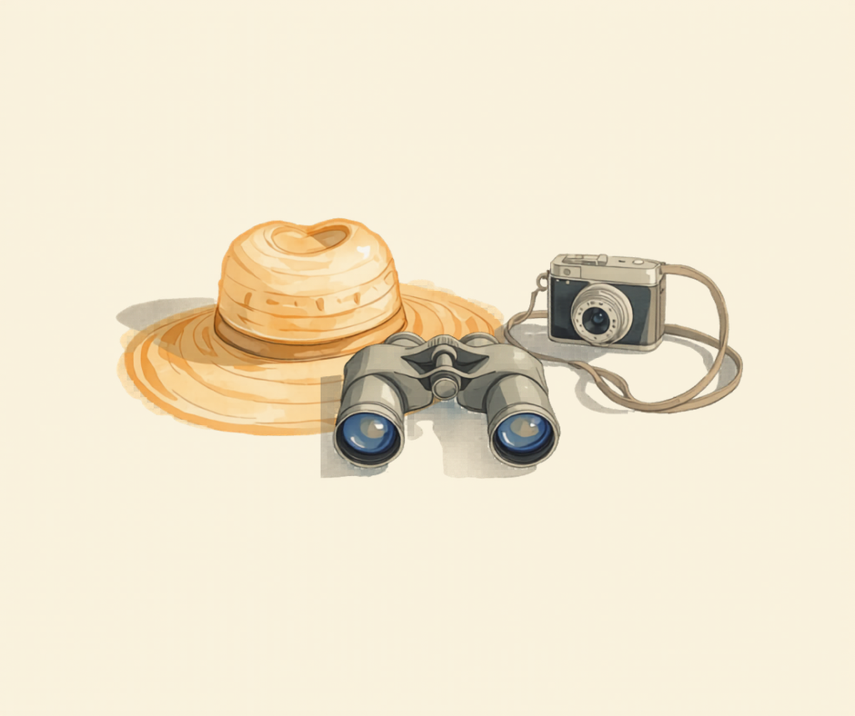 Birding essentials a wide brimmed hat camera and binoculars