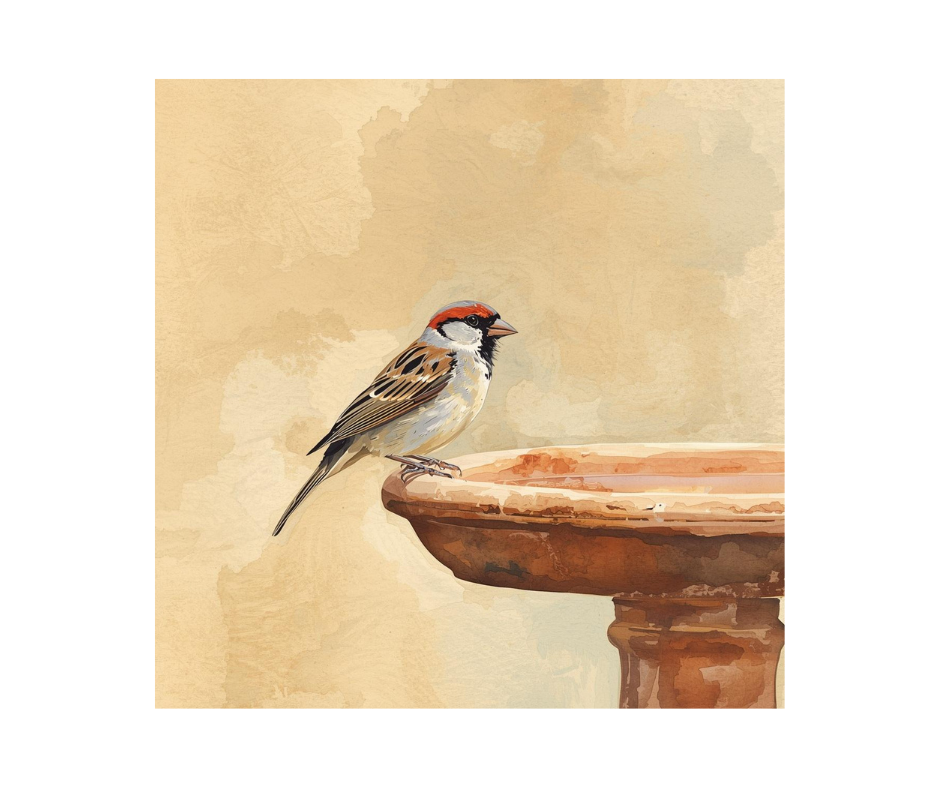 Sparrow perched on a bird bath