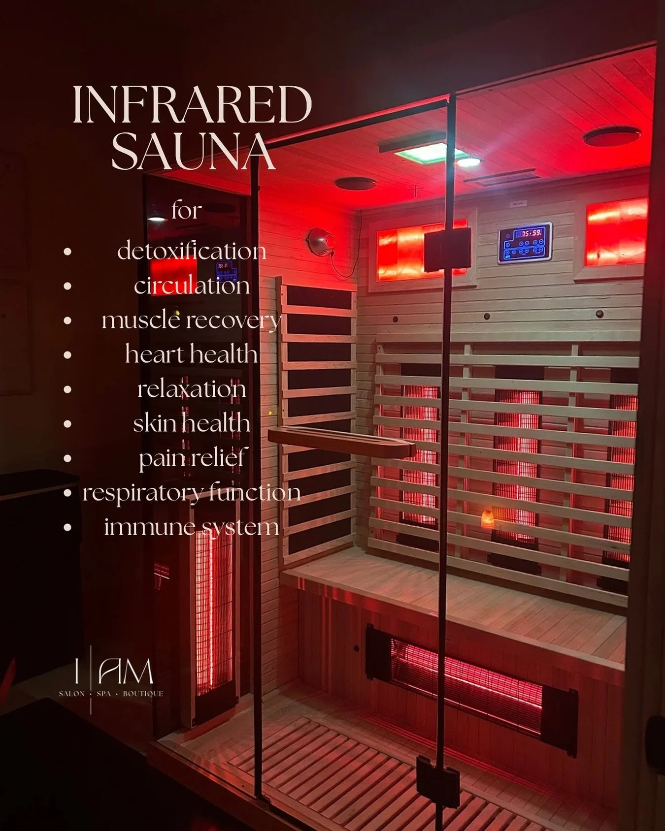 Upgrade your self care routine with our infrared sauna 🧖&zwj;♀️🌿

Infrared saunas emit a deep, penetrating heat that allows detoxification to begin at lower temperatures for a gentler session, while the red light provides LED light therapy to skin,