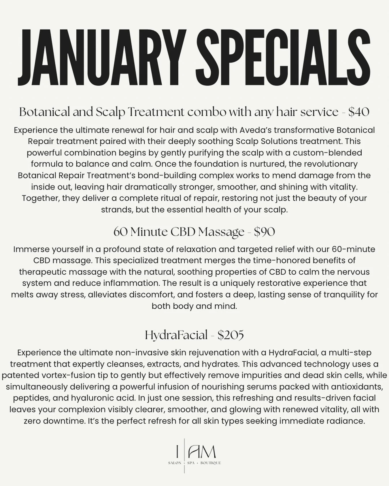 Start the year strong with one of our January specials 🤍

We are back open normal hours today! Call or text (910) 395-1335 or visit iamsalonanddayspa.com to book ✨