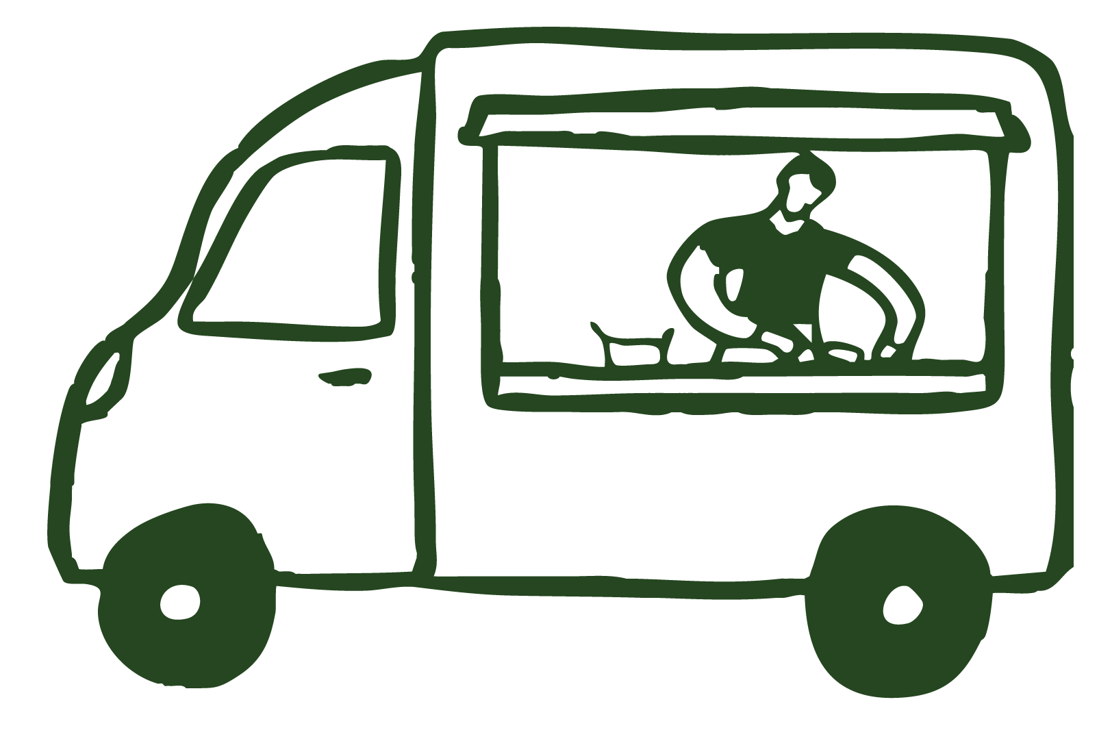 Line drawing of a food truck with a person inside preparing food.