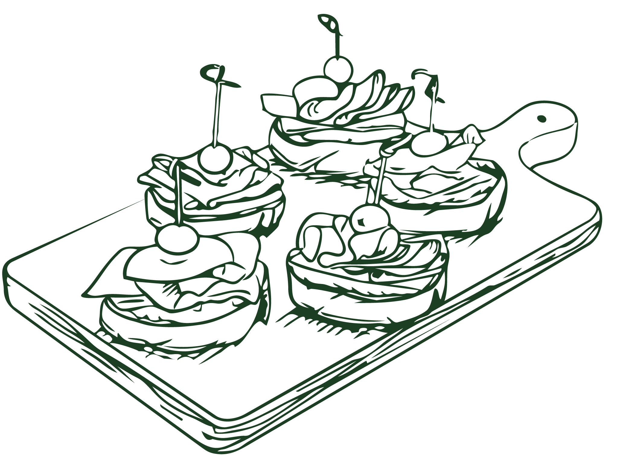 Line drawing of a tray with three plates of food, with various items on each plate and cherries scattered around.