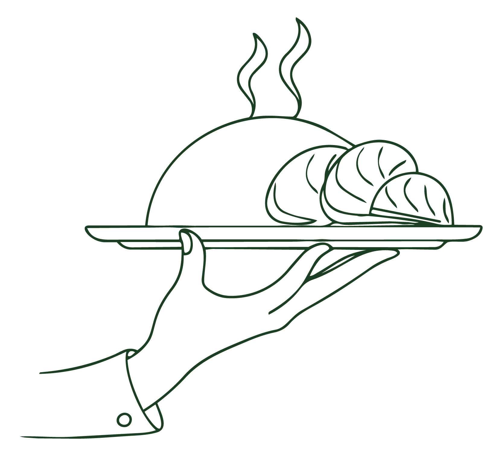A simple line drawing of a hand holding a tray with a steaming dish of food, possibly a salad or pasta, with three small leaves or herbs on the side.