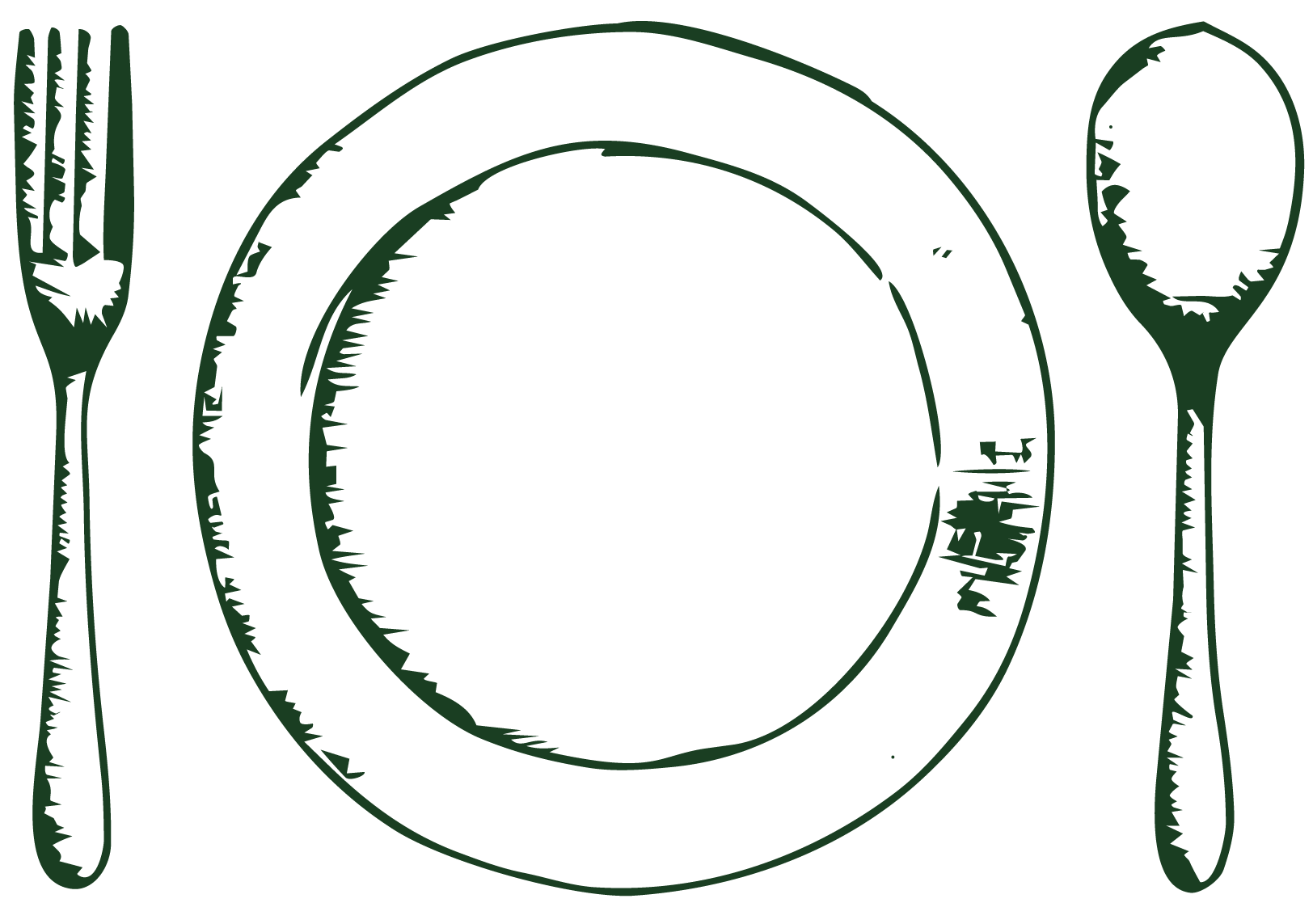 Outline of a dinner plate with a fork on the left and a spoon on the right.