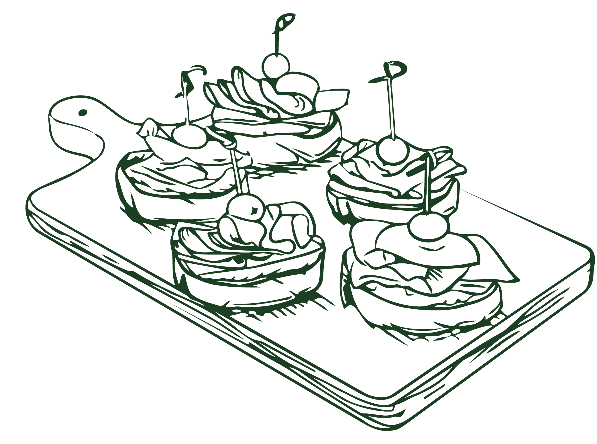 An illustration of a tray of assorted sandwiches, including teapots and cups, in a minimalist, line-drawing style.