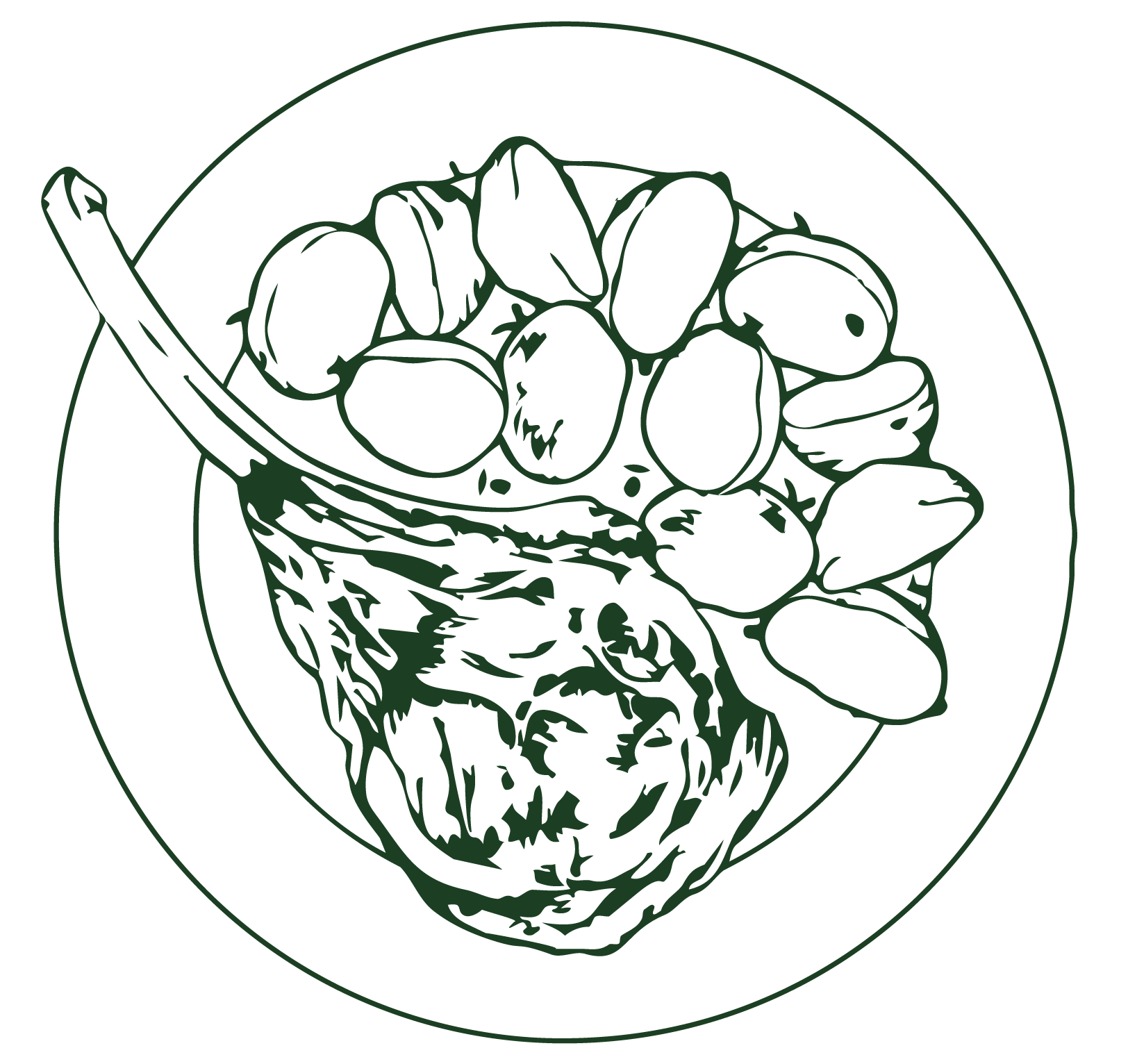 Line drawing of a bunch of grapes and a grape leaf on a round plate.