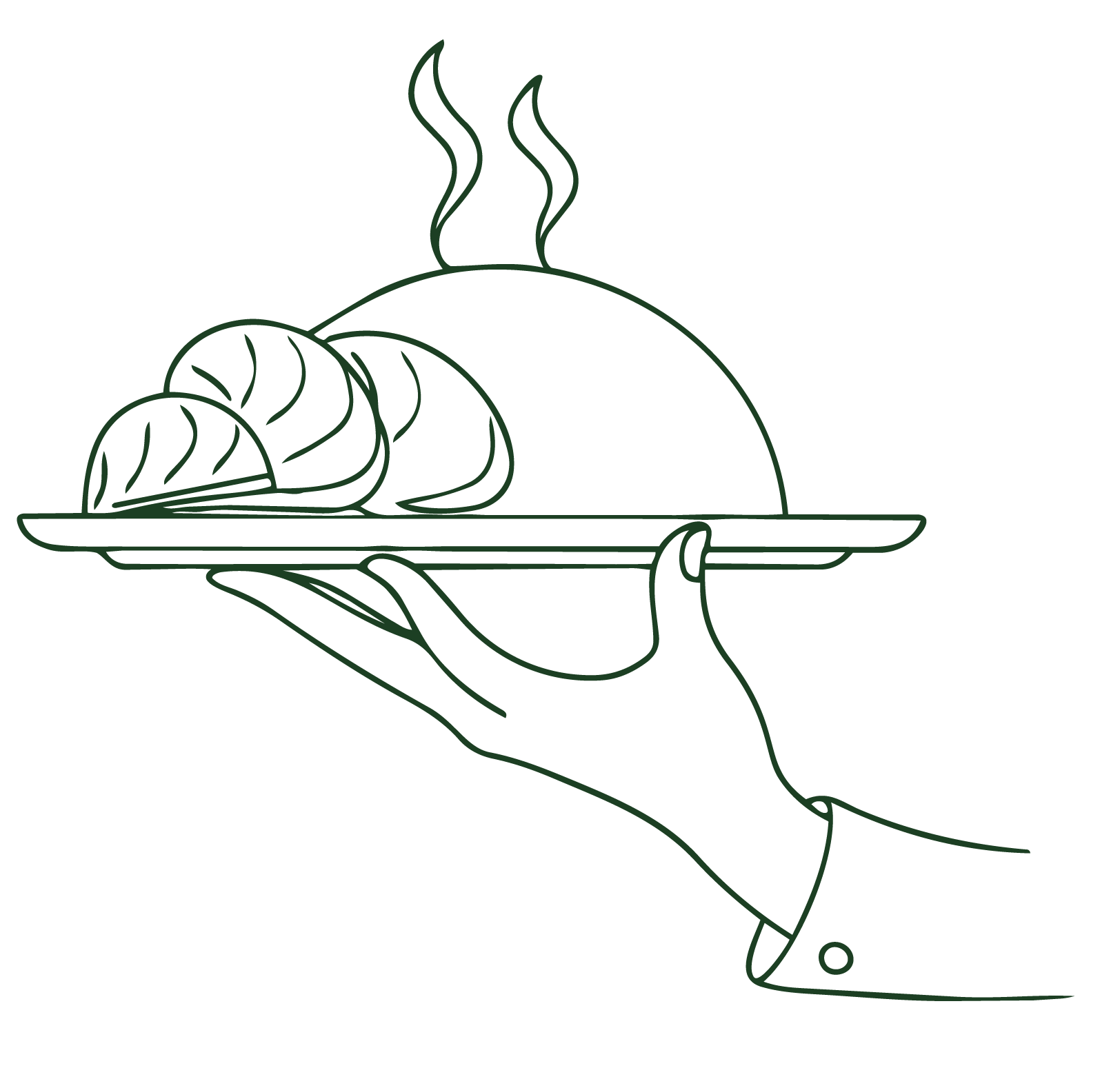 Line drawing of a hand holding a tray with boiling lobster and steaming food.