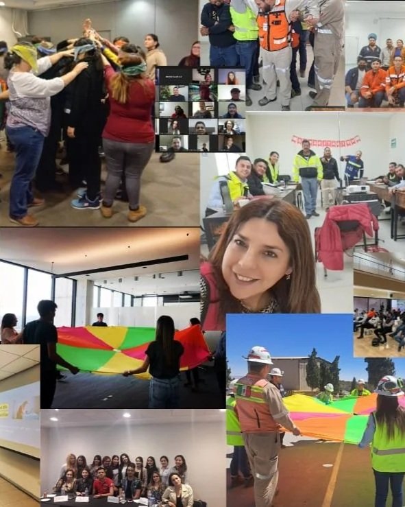 Collage de varias fotos que muestran personas participando en actividades de equipo, reuniones, entrenamiento y trabajo en grupo en diferentes lugares.
