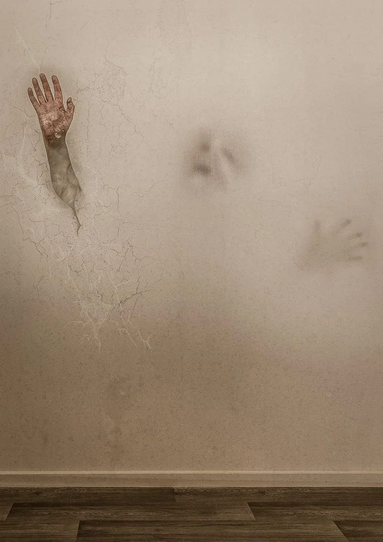 A wall with three handprints and a crack resembling a torn paper effect.