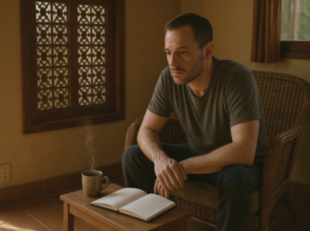 A man sitting quietly on a wooden chair with a warm drink and open journal, appearing reflective in a peaceful indoor setting.