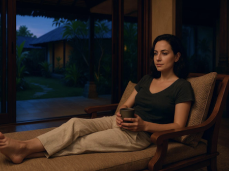A lady sitting on a lounge chair holding a cup of coffee at night time, she appears calm and reflective