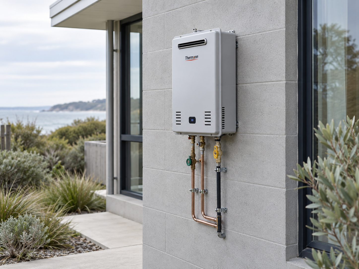 Thermann continuous-flow hot-water system installed on an exterior wall