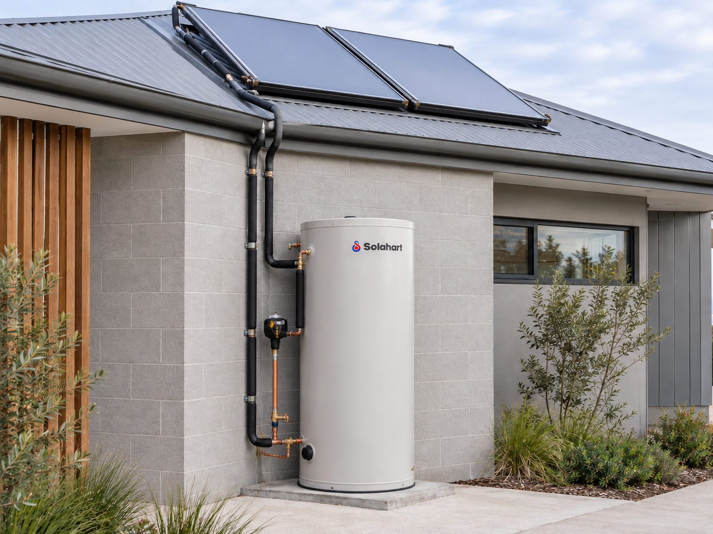 Solar-boosted hot-water system with roof-mounted solar collectors