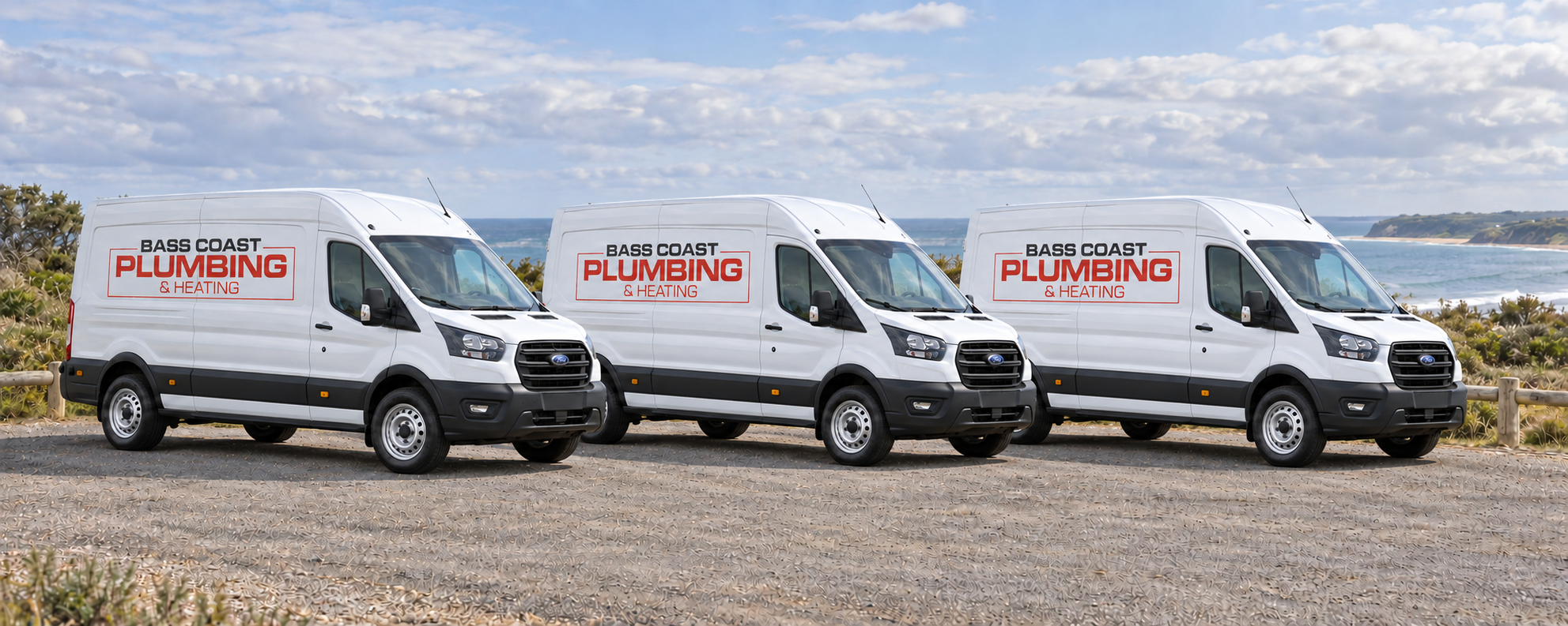 Bass Coast Plumbing and Heating service vans in a coastal Victorian setting