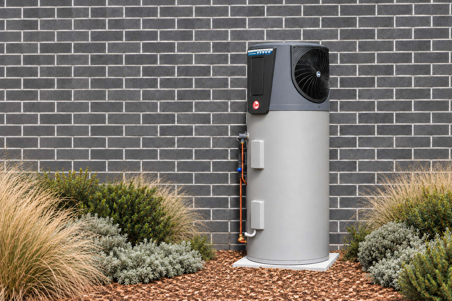 Energy-efficient heat-pump hot-water system installed beside a coastal home