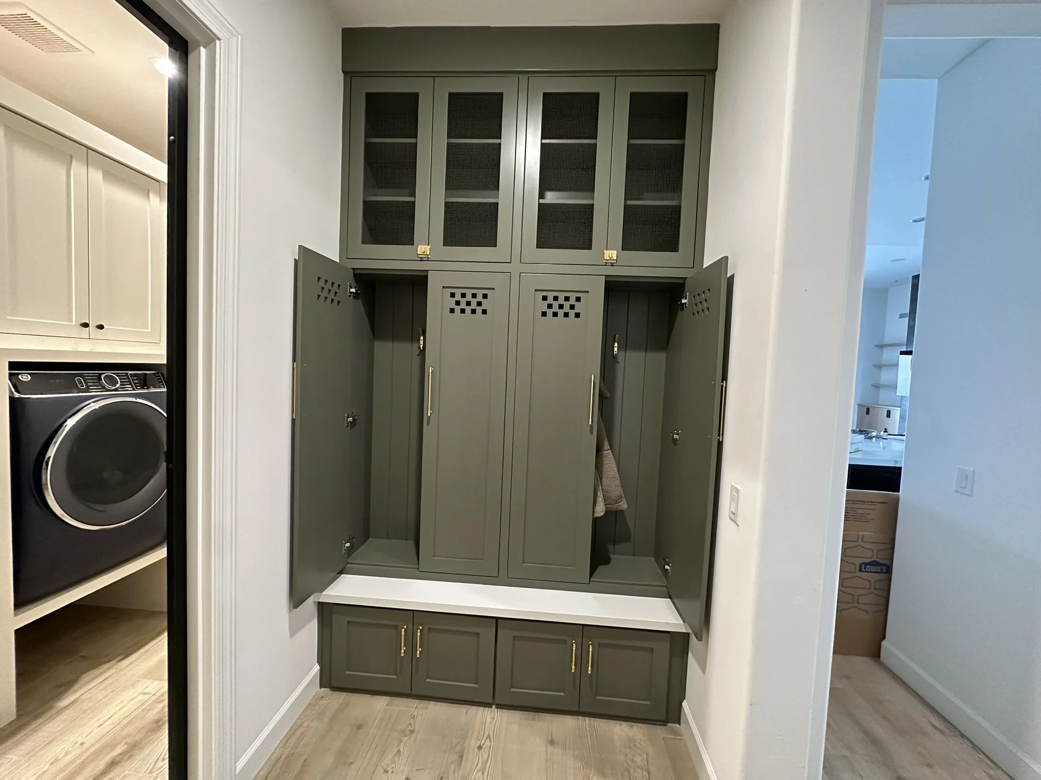 Benjamin Moore Olive green mudroom lockers hall tree