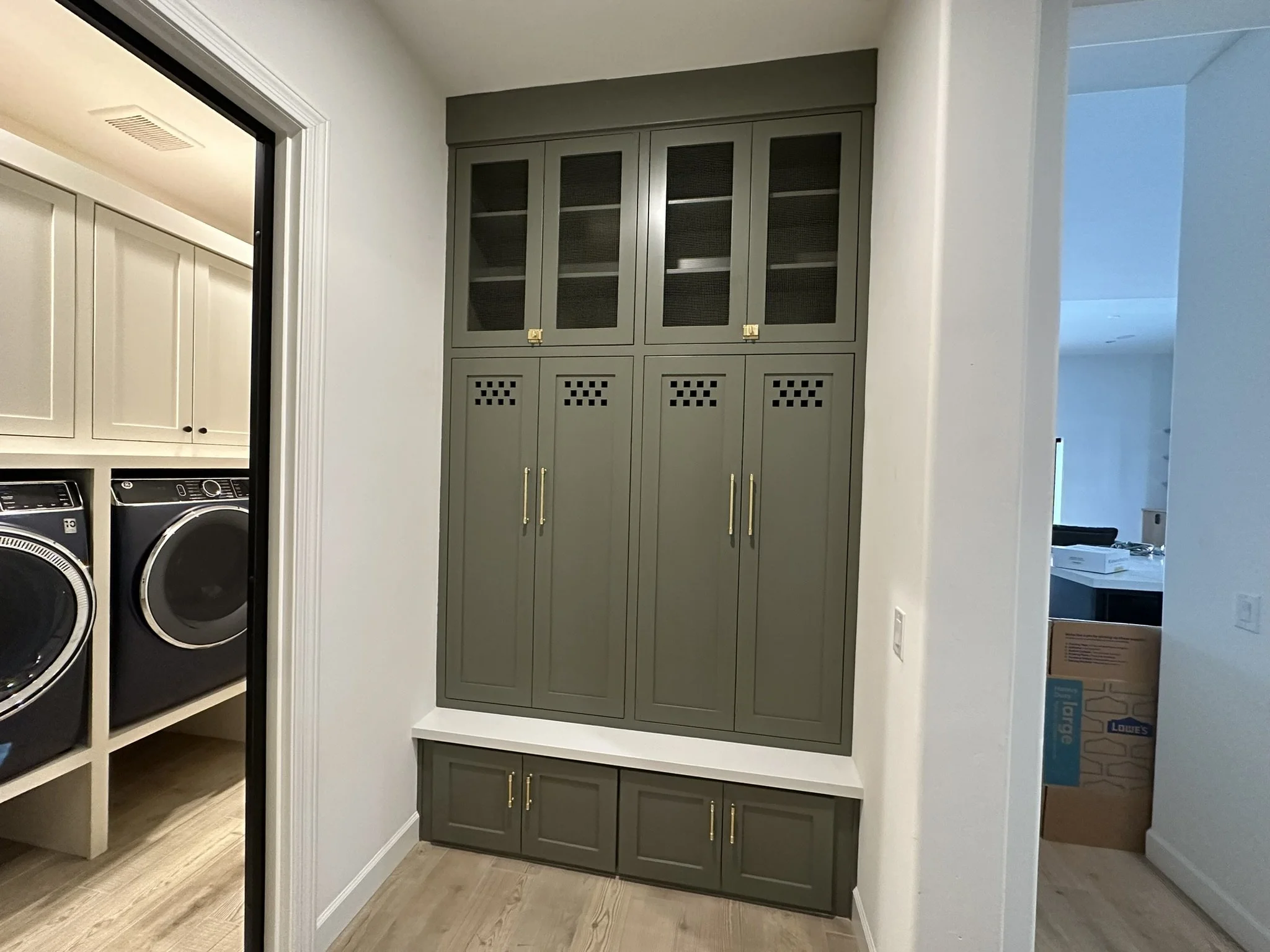 Benjamin Moore Olive green mudroom lockers hall tree