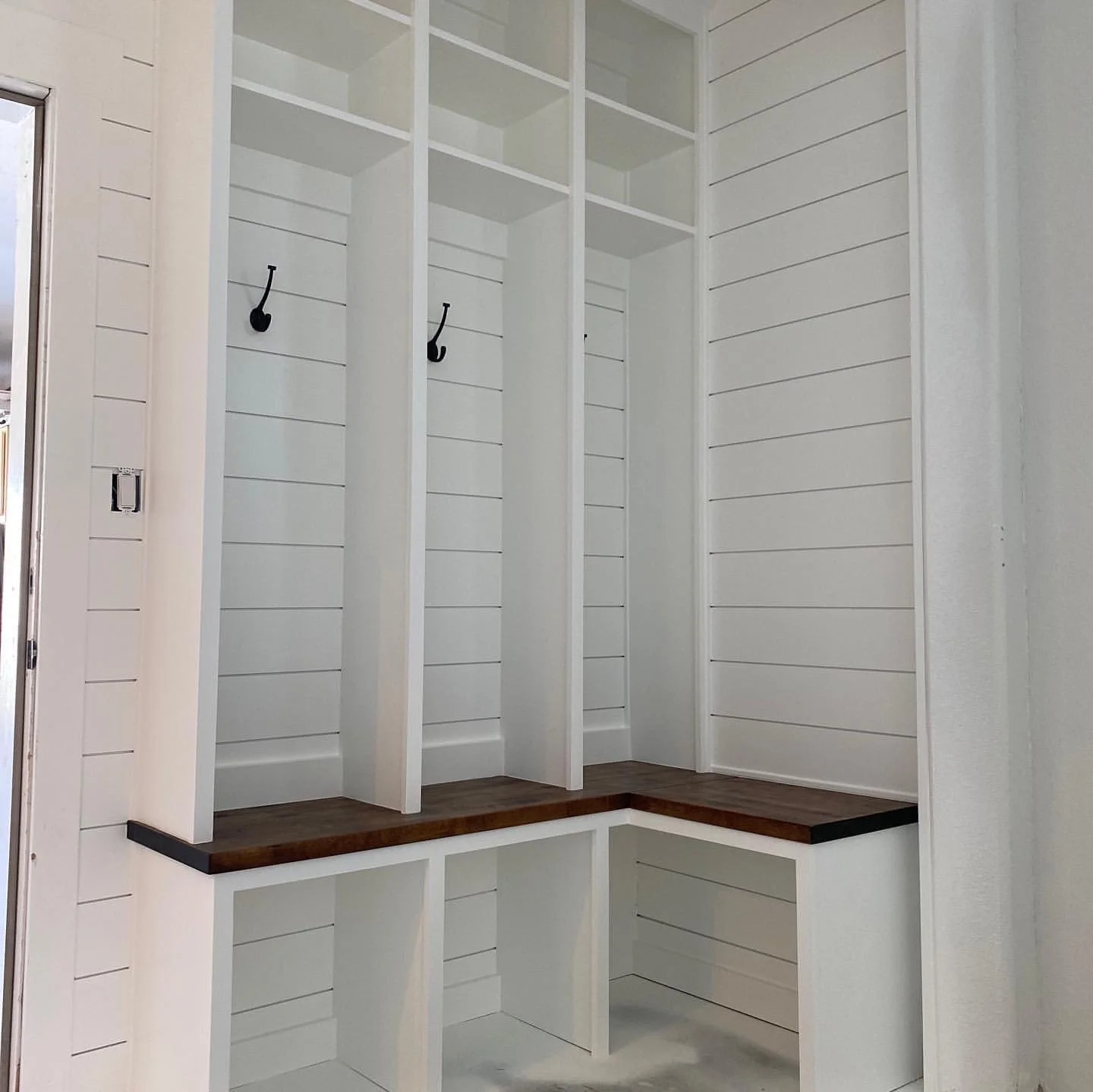 mudroom, shiplap, white mudroom, custom coat room