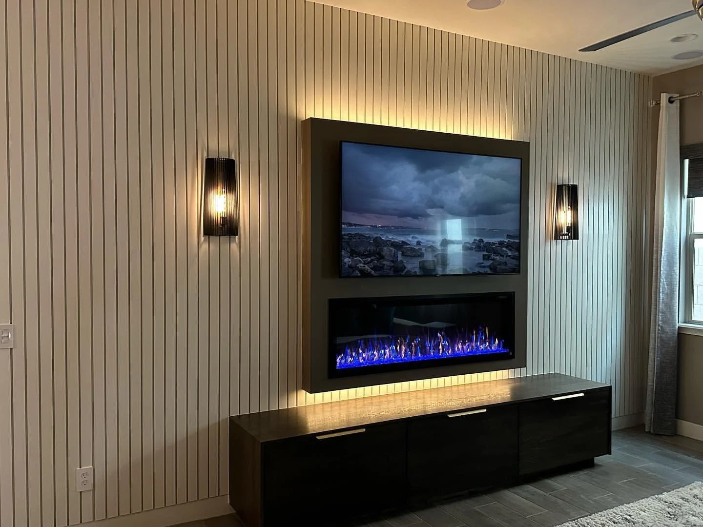 Slat wall, panel wall with floating vanity