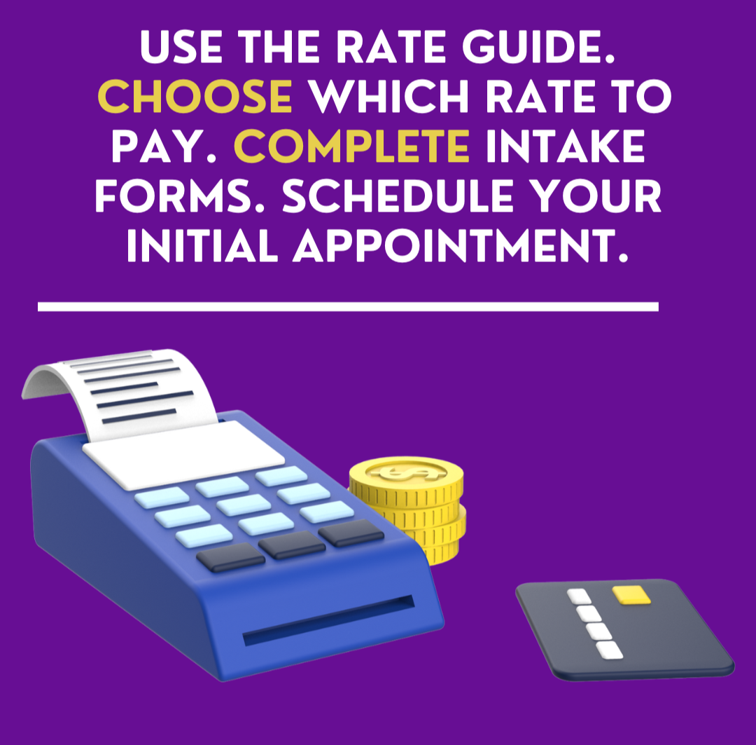 A digital illustration of a point-of-sale terminal with a printed receipt, stacked coins, and a payment card on a purple background. Text advises on choosing payment rates, completing intake forms, and scheduling initial appointments.