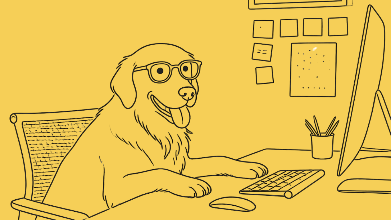 Cartoon golden retriever wearing glasses at a computer desk
