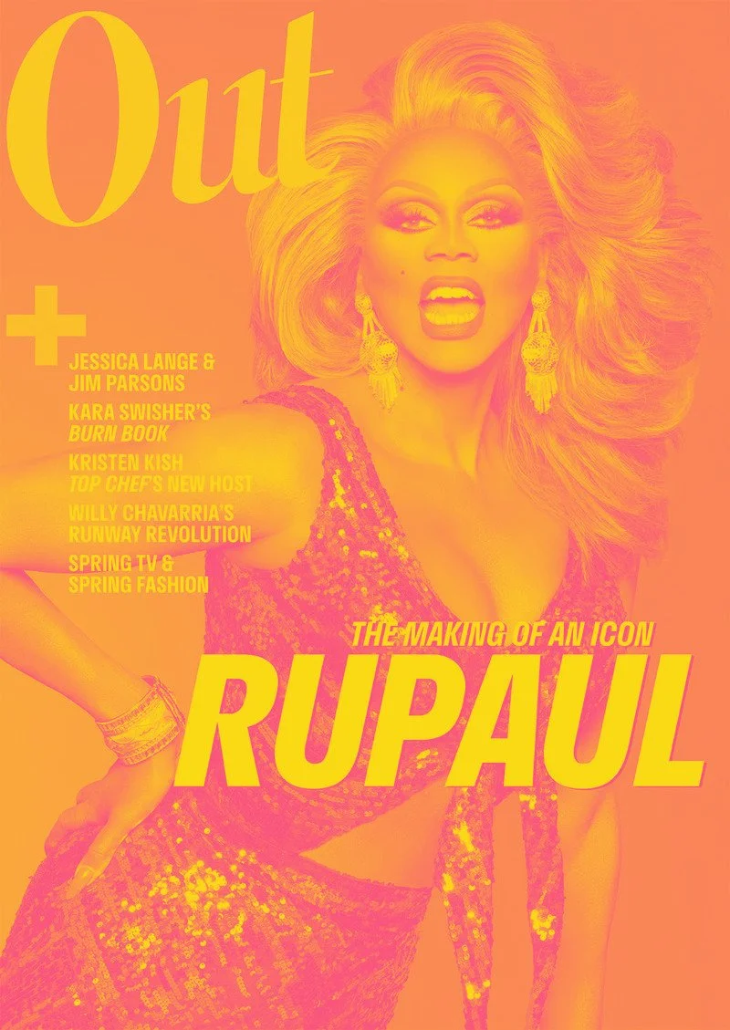 Colorful magazine cover featuring RuPaul with voluminous hair, bold makeup, and glamorous outfit, promoting an article about the making of an icon.