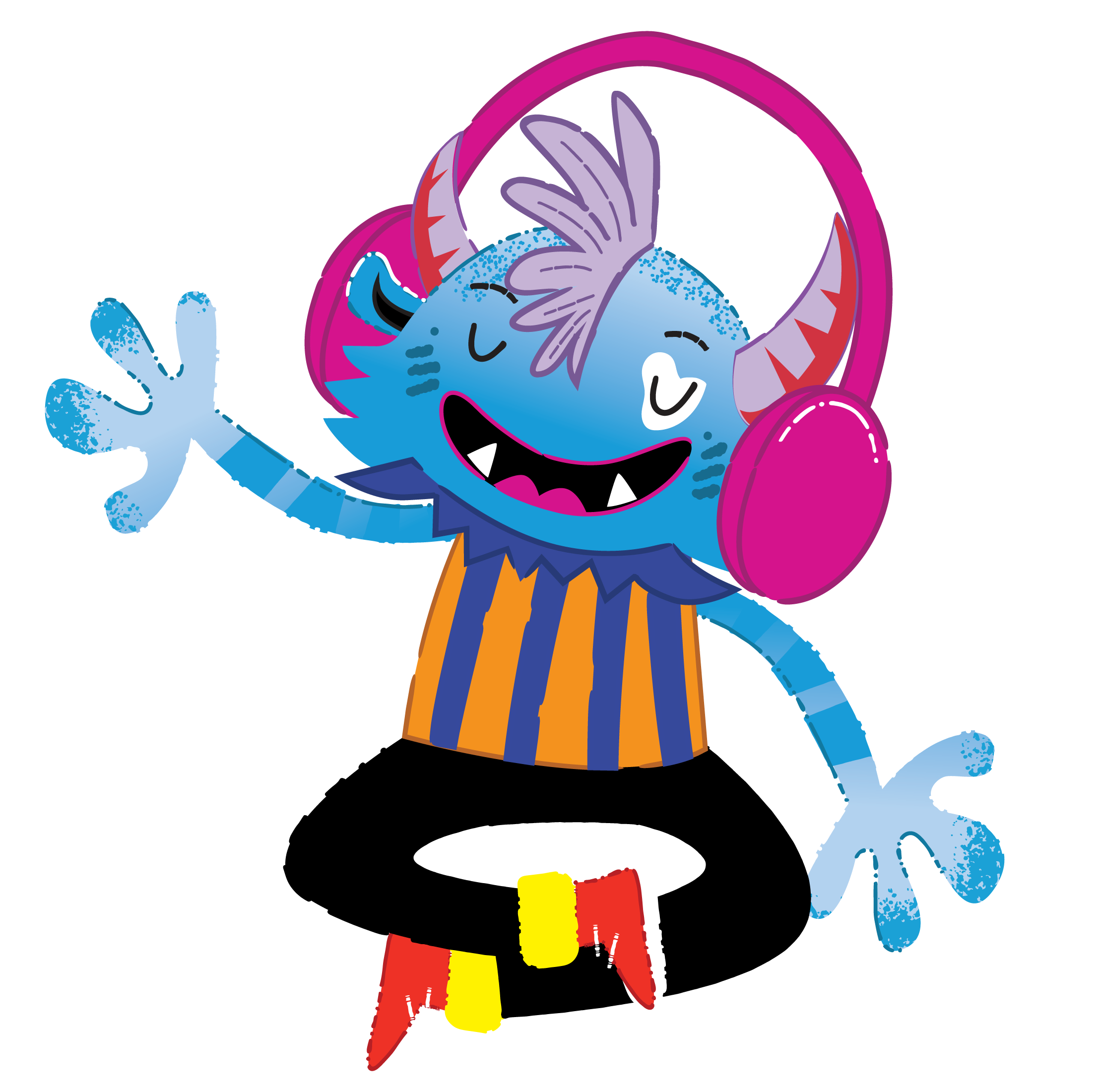 Cartoon character of a happy, blue, furry monster with purple hair, wearing pink headphones, a striped orange and blue shirt, black pants, and red shoes, dancing with arms raised.
