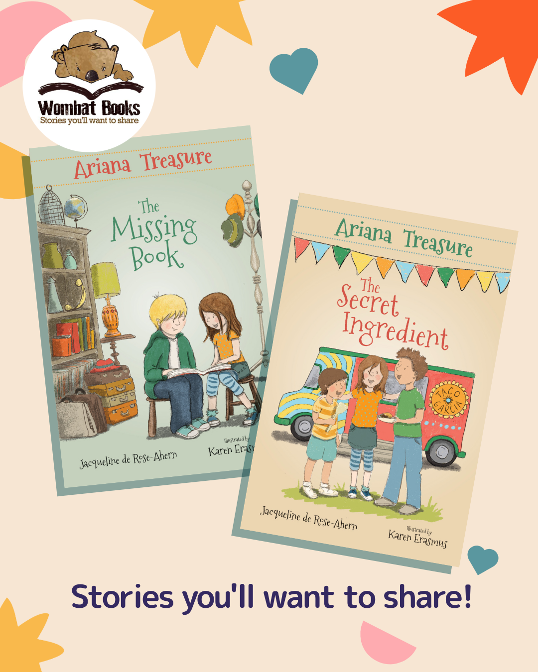 Two children's book covers titled 'The Missing Book' and 'The Secret Ingredient' both by Ariana Treasure, illustrated with children and colorful backgrounds.