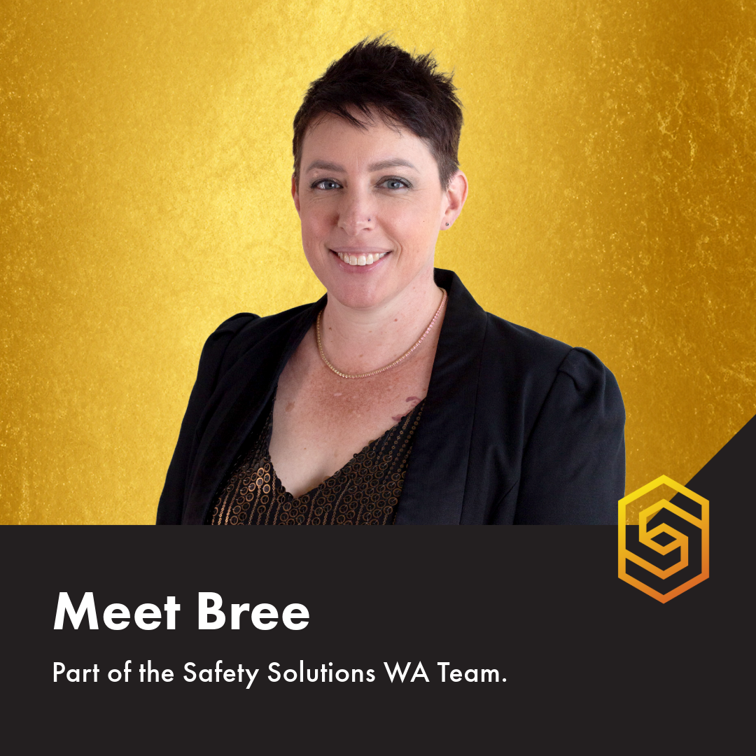 Portrait of Bree, a member of the Safety Solutions WA Team, smiling against a yellow background.