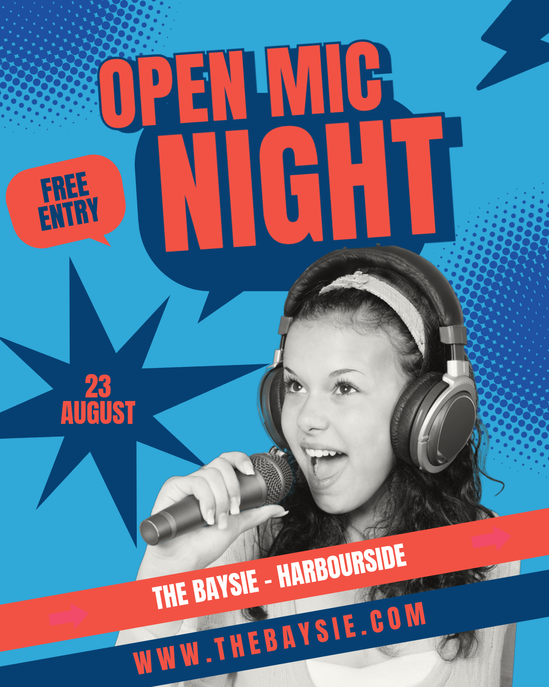 Event poster for an open mic night on August 23rd at The Bayside - Harbourside, featuring a young girl with headphones singing into a microphone, with colorful comic-style design elements and text highlighting free entry and event details.