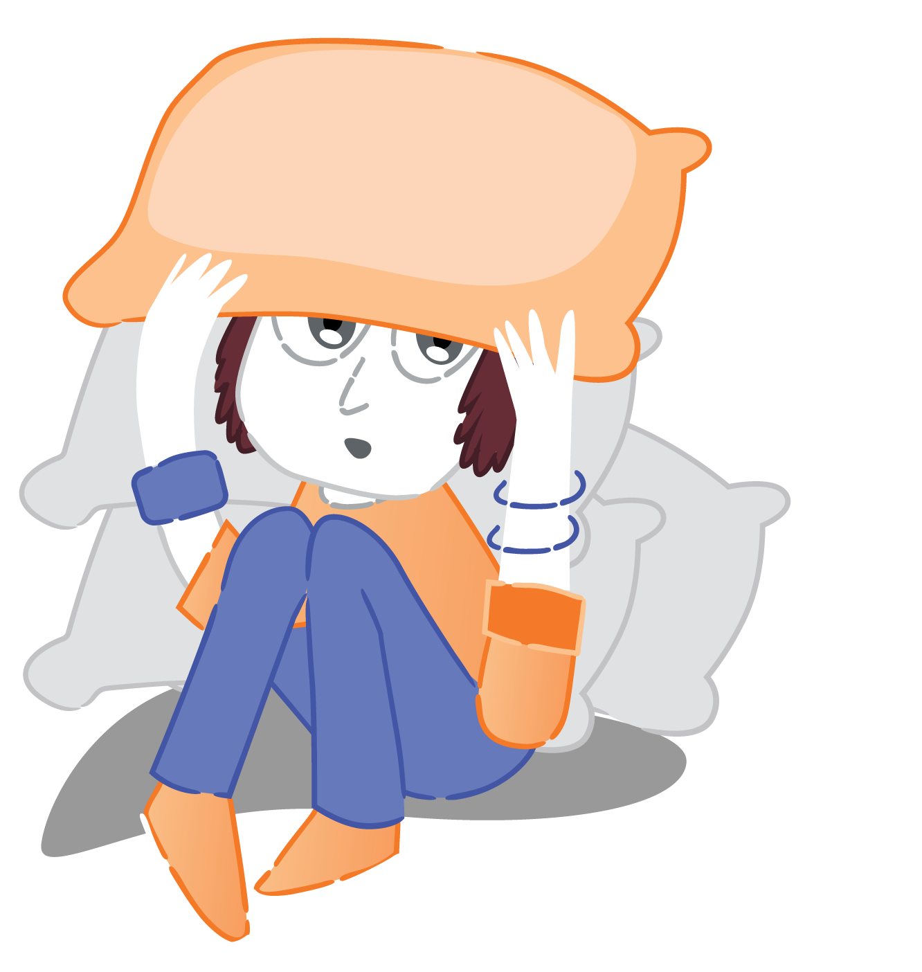A cartoon girl sitting on a bed, holding a pillow over her head with an surprised or confused expression.