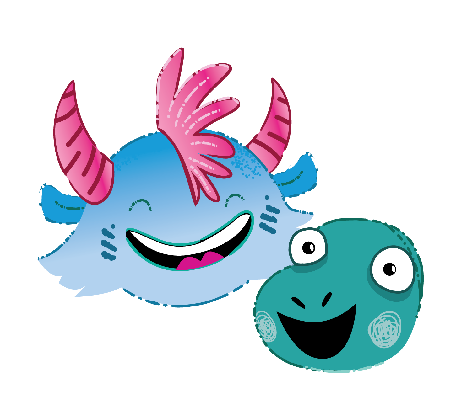 Cartoon illustration of a friendly blue whale with pink fins and a conch shell head, smiling with an open mouth, next to a cheerful green fish with big eyes, both set against a maroon background.