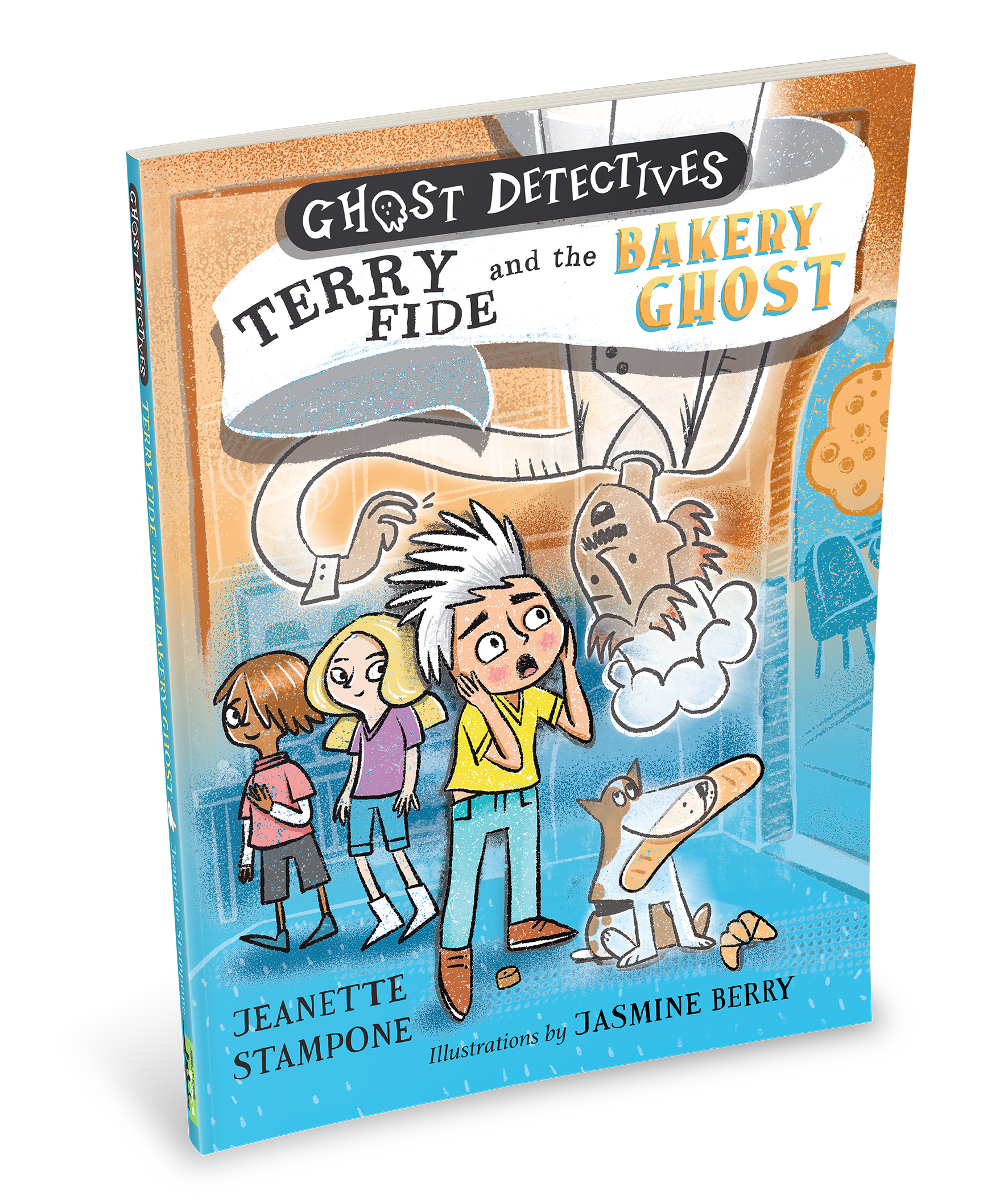 Cover of the children's book "Ghost Detectives: Terry Fide and the Bakery Ghost" featuring illustrated children and a dog, with ghostly figures and a bakery scene in the background.