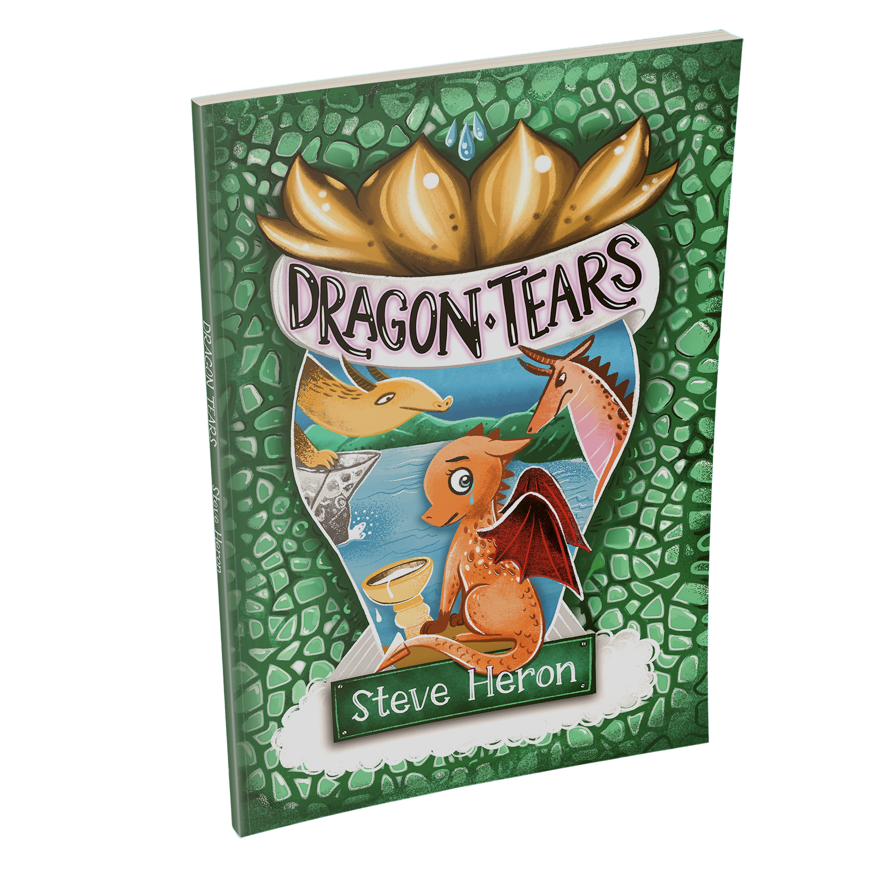 Book cover titled 'Dragon Tears' by Steve Heron, featuring cartoon illustrations of a dragon with red wings, a unicorn, a fox, and a waterscape with mountains and trees, surrounded by a green textured border.