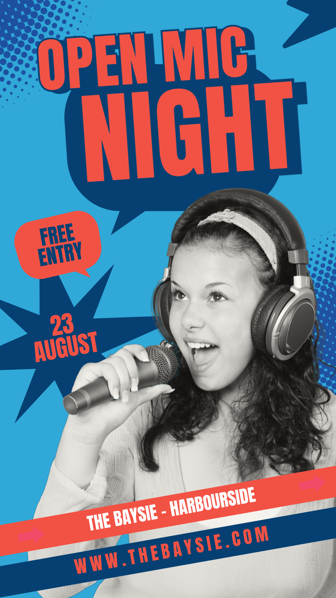 A promotional poster for an open mic night featuring a young girl singing into a microphone. The event is on August 23rd at The Baysie - Harbourside with free entry. The poster has a blue background with comic-style text in red and dark blue.
