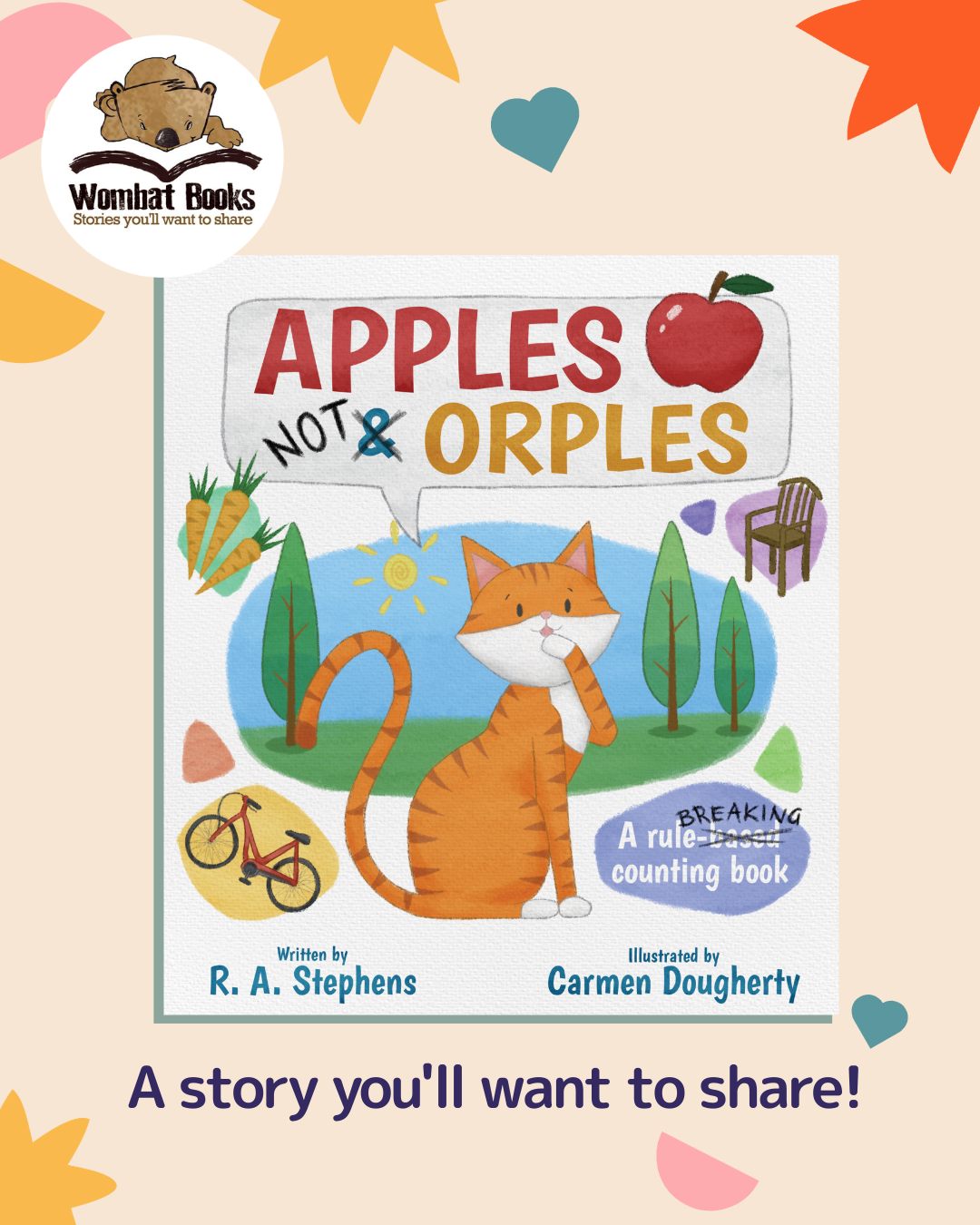 Cover of a children's book titled "Apples Not Orples." The cover features a smiling orange tabby cat, a red apple, carrots, a purple chair, a yellow bicycle, a sunny sky, and trees. The text indicates it is a rule-based counting book written by R. A.