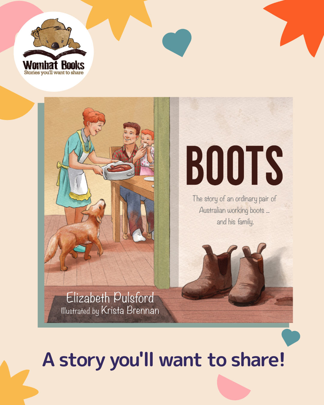 Book cover titled "Boots" depicting a family in a home setting. A woman is serving food to two children at a dining table, with a dog nearby. There are a pair of brown work boots on the floor in the foreground.