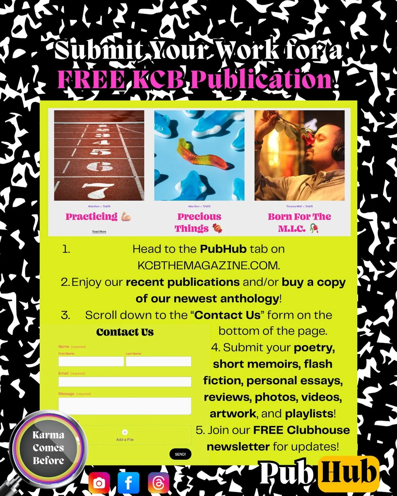 Submissions to #KCB will ALWAYS BE FREE, but they will be limited starting in August without one of our #PLUG #PARTY or #POWER packages 🔋! Submit as many pieces as you want THIS JULY for a chance to be published on our site 🤩.

So far, we&rsquo;ve 