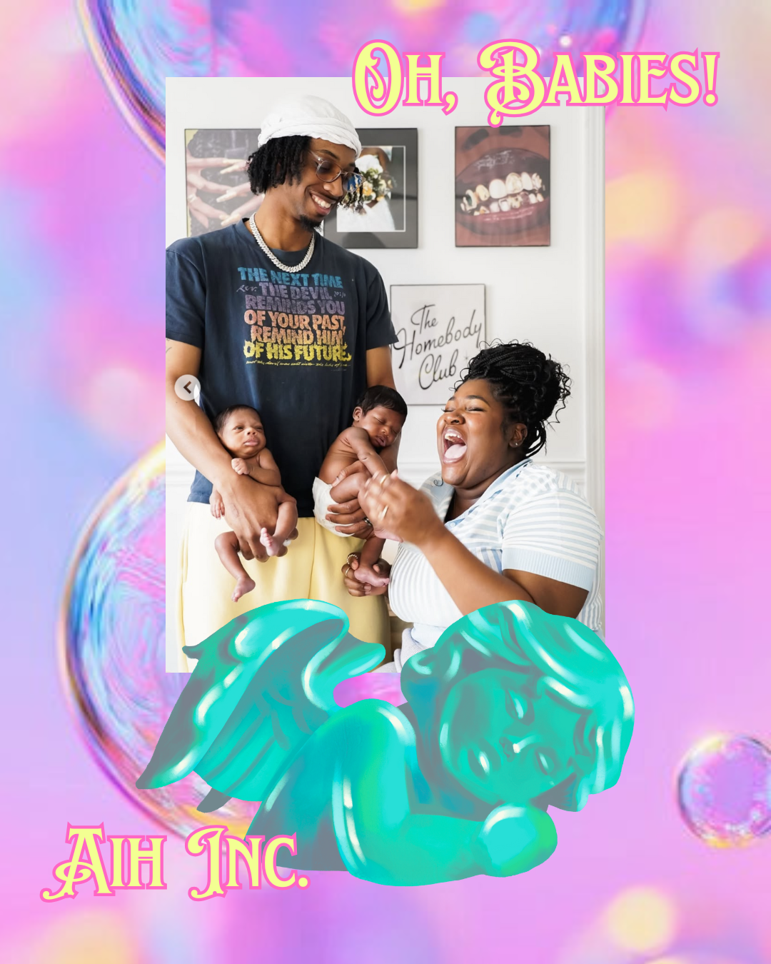 A joyful family photo of a Black man and woman holding newborns, with colorful and playful graphic overlay including the text 'Oh, Babies!' and 'AH Inc.' in pink, and a large teal decorative element at the bottom.