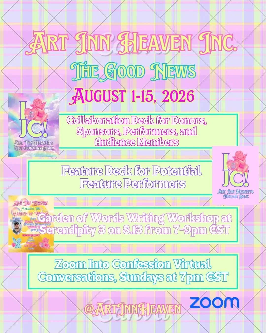 We've got good news 📰! Our open mic, writing workshops, and virtual conversations are in FULL EFFECT!

We're looking for features, attendees, sponsors, and donors to support our mission to bring heaven to earth 🪽! Is that you? Want to work together