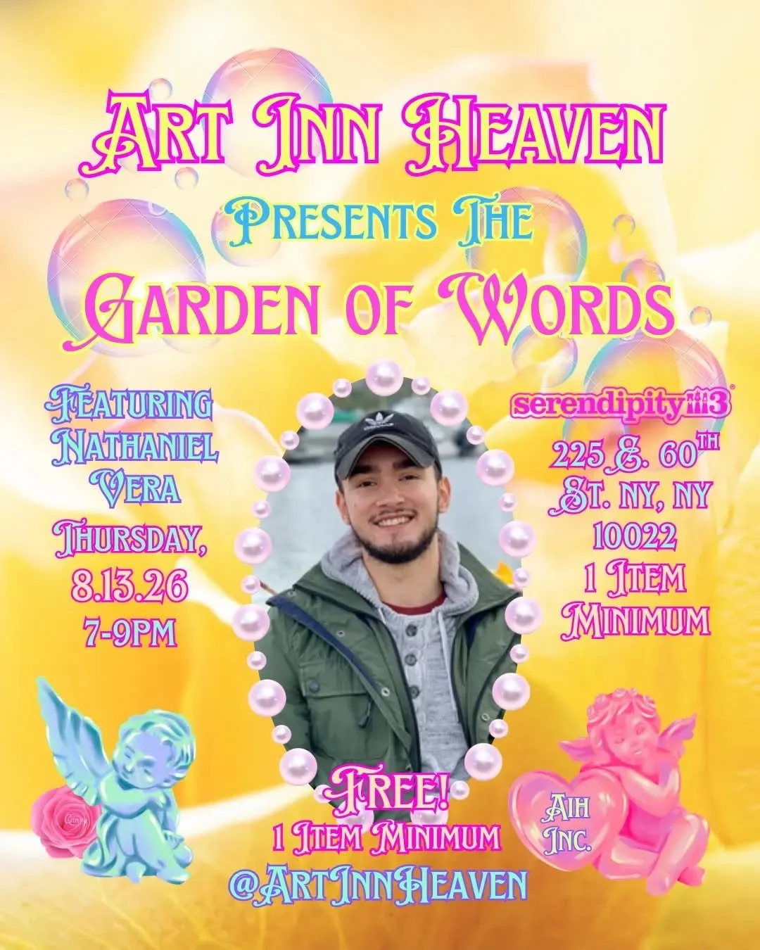 Our Garden of Words is an intimate writing workshop series held at @serendipity3nyc on the Upper East Side 🍨. We'll be joined by @_en_vee___ for our first workshop!

Nathaniel Vera is a lifelong artist, writer, and friend. A proud born and raised Br