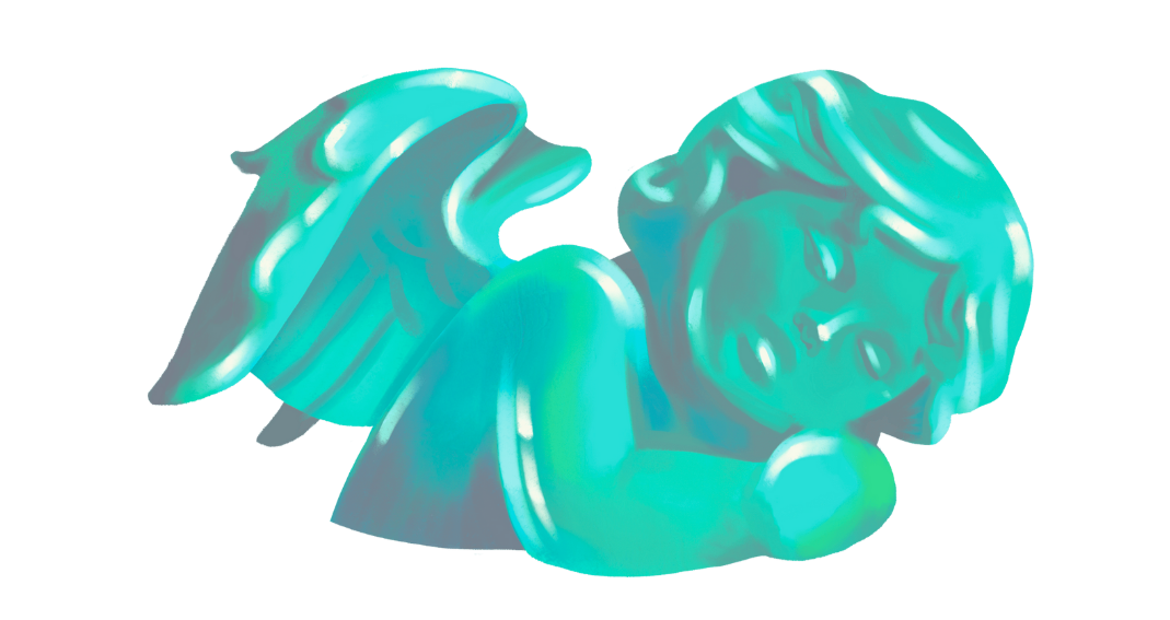 A turquoise, shiny, resin or ceramic figurine of a sleeping cherub or angel with wings.
