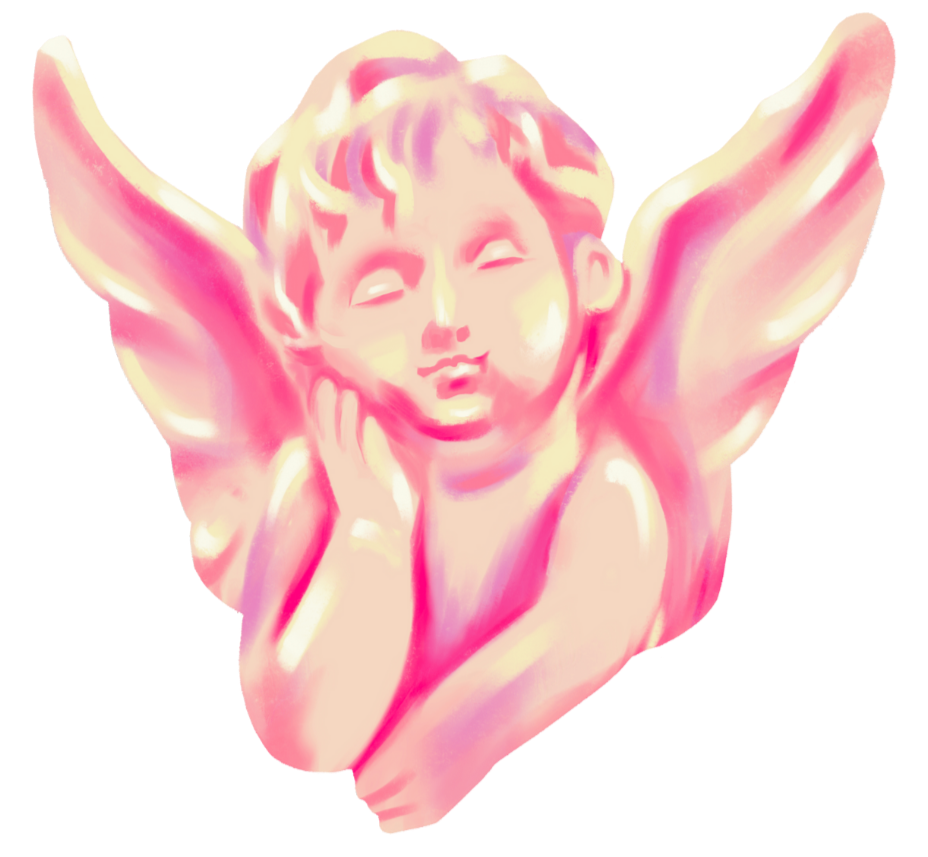A pink and cream-colored abstract painting of a smiling cherubic angel with closed eyes, resting its face on one hand, with wings behind.