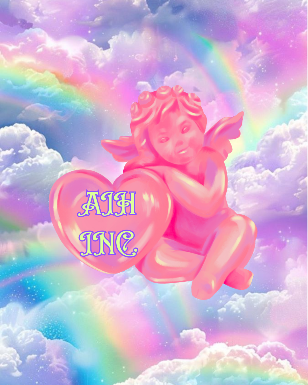 A pink cherub holding a pink heart-shaped balloon with purple text that reads 'AISH INC' against a colorful sky with clouds and rainbows.