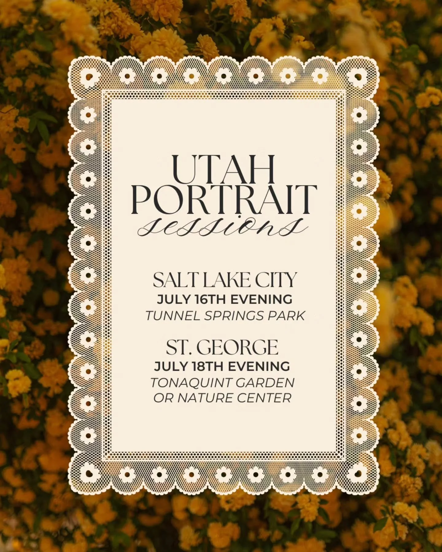 UTAHHHH!!

I'm coming your wayyyy!! I definitely wasn't planning on coming to visit this soon, let alone for sessions! But I'm grateful to be coming in July and able to make some time for sessions while I'm there 💛💛

This availability is for any po