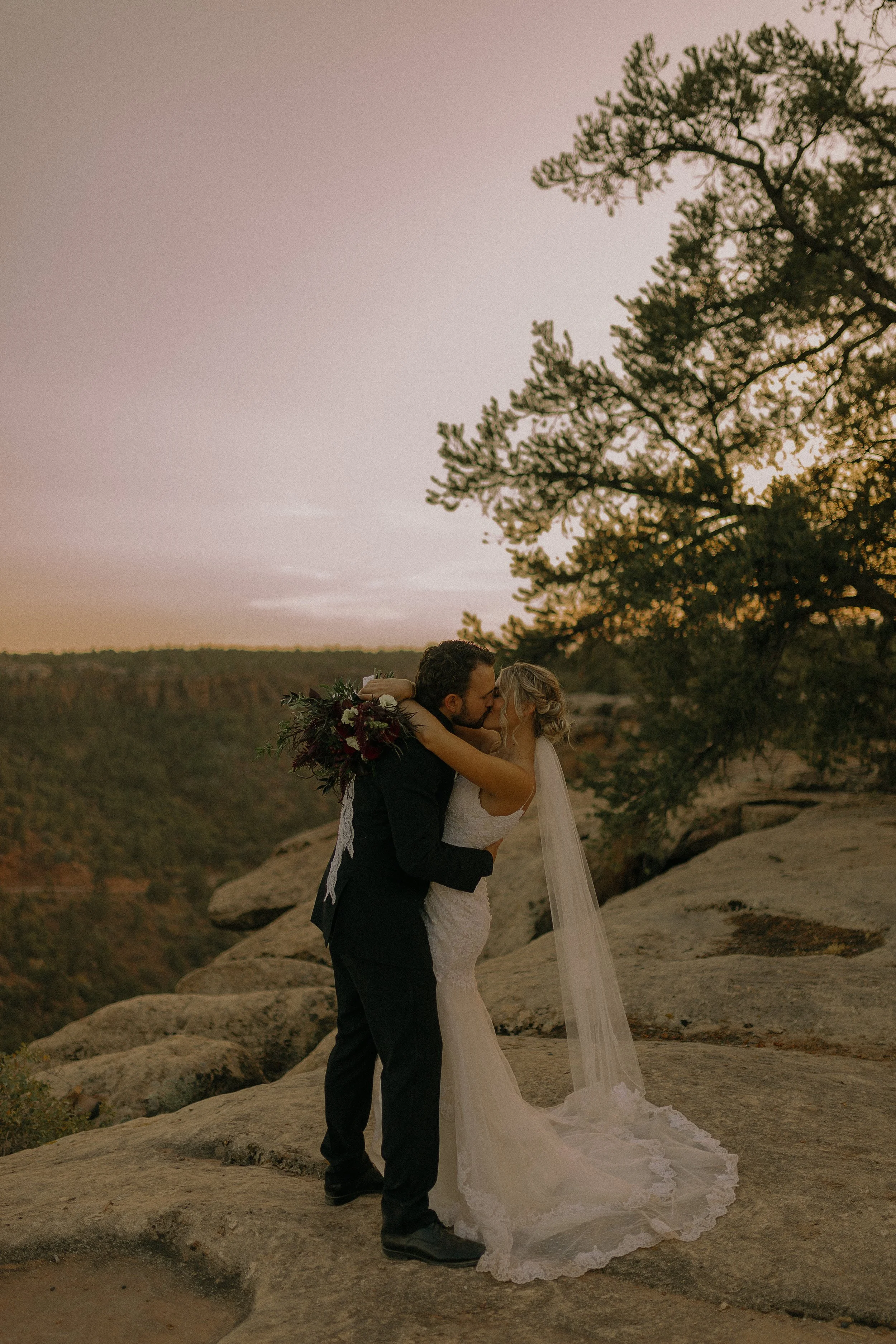 Bride and groom kissing on a rocky cliff at sunset with a scenic view and a tree in the background.