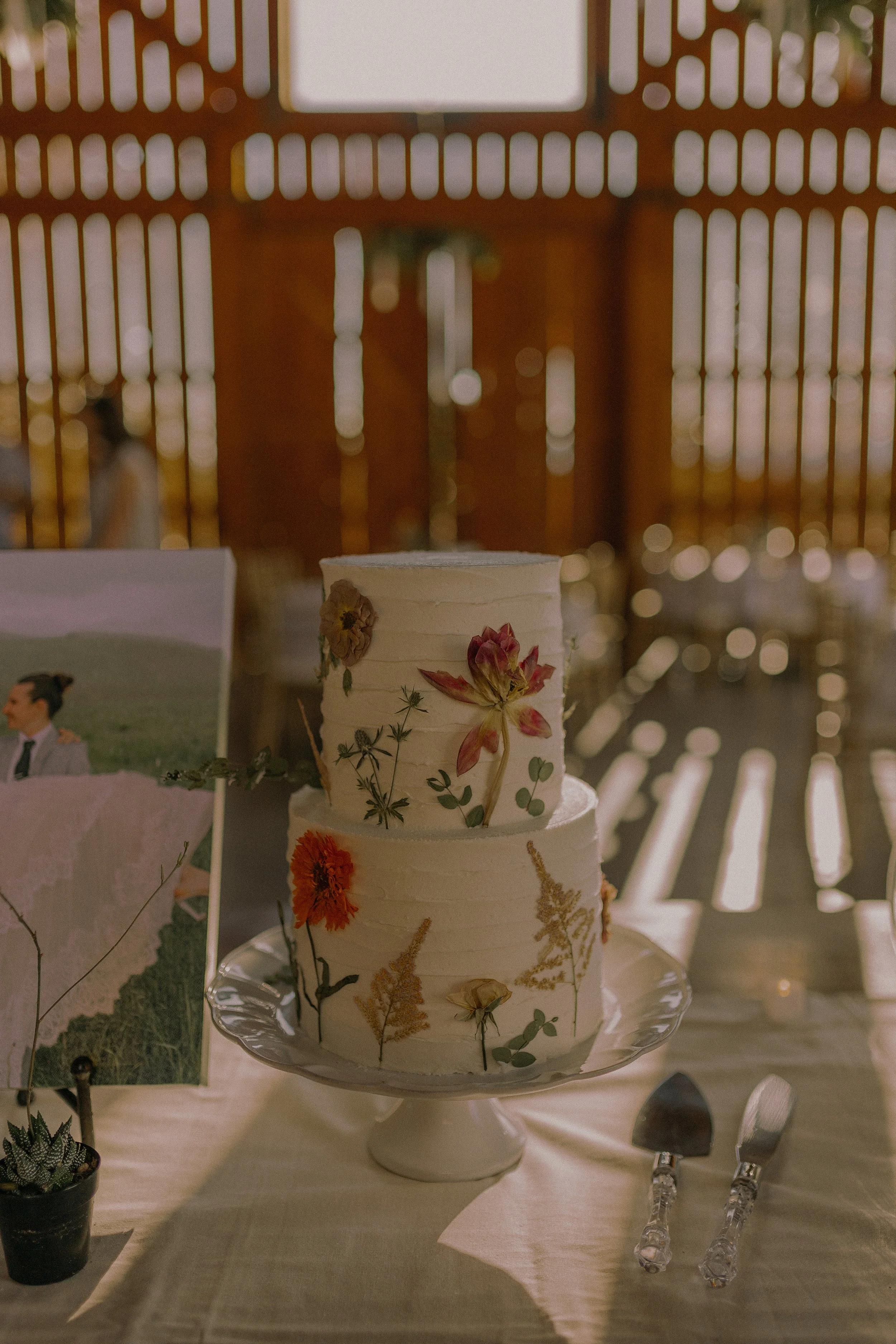 Two-tiered white cake with pressed flowers on a glass stand, next to a plant and a photo on a table.