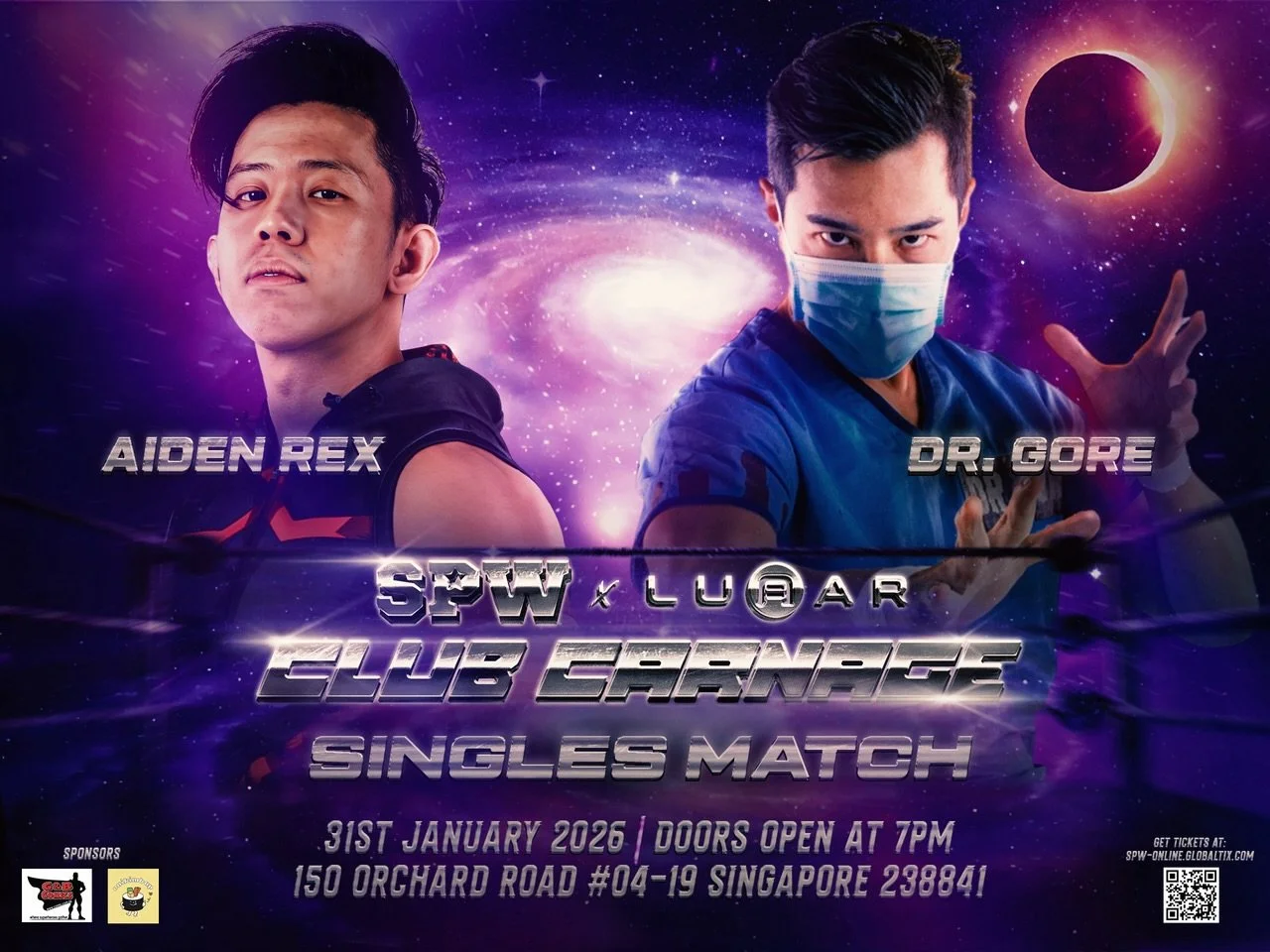 AIDEN REX TAKES ON DR GORE AT CLUB CARNAGE

Two stalwarts of Singapore Pro Wrestling go head-to-head in singles action at Club Lunar! This will be only the second time that these two face each other one-on-one, with Aiden Rex taking the victory last 
